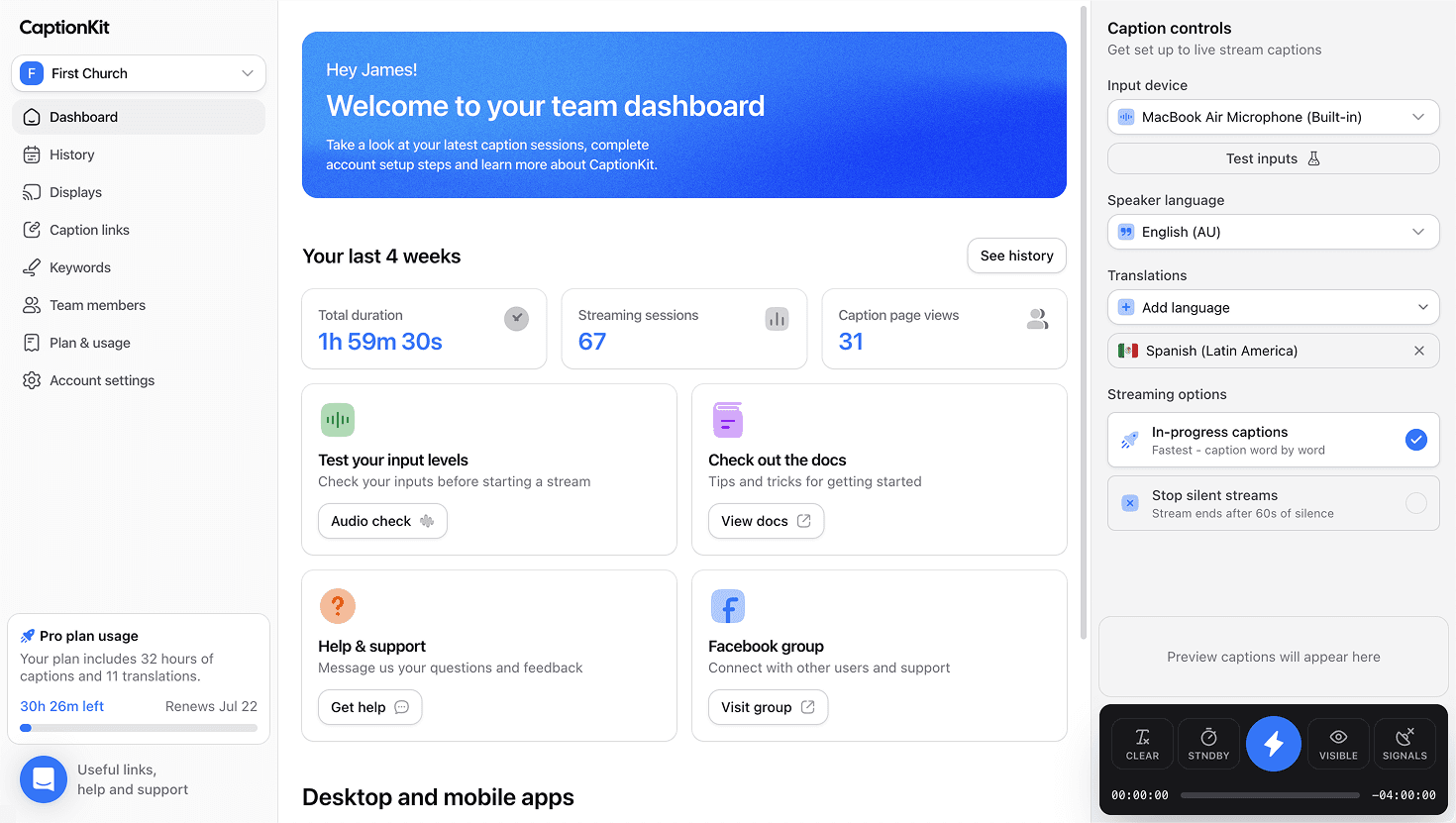 CaptionKit dashboard